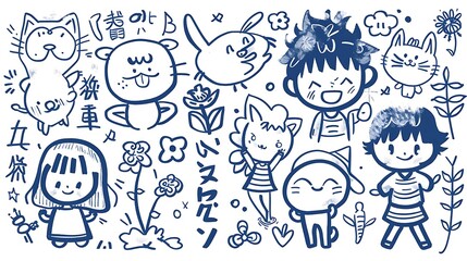Fototapeta premium Playful Blue Doodle Illustrations of Cartoon Kids and Animals