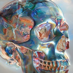 Unique glass skull sculpture with colorful reflections displayed against a light background