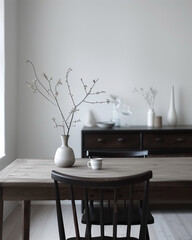 Fototapeta premium Table and chair. Minimalist japandi interior of dining room with console. White walls and wooden furniture with home decor. White background