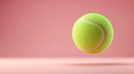 A single tennis ball levitating against a pink background.