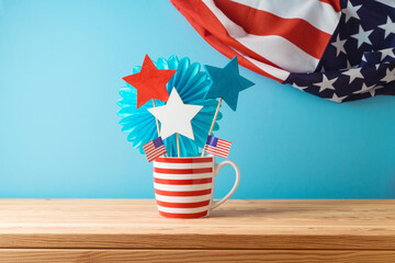 Happy Independence Day, 4th of July celebration concept with decorations and USA flag on wooden...