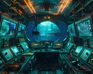 Cutting Edge Submarine Interior with VR Headset User Surrounded by Advanced Control Panels and Mesmerizing Deep Sea Views