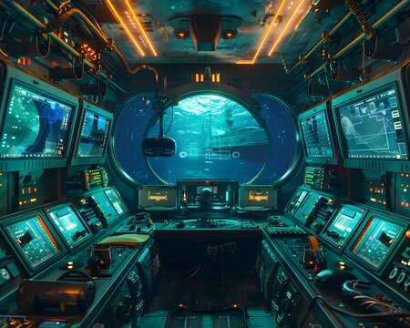 Cutting Edge Submarine Interior with VR Headset User Surrounded by Advanced Control Panels and Mesmerizing Deep Sea Views - Powered by Adobe