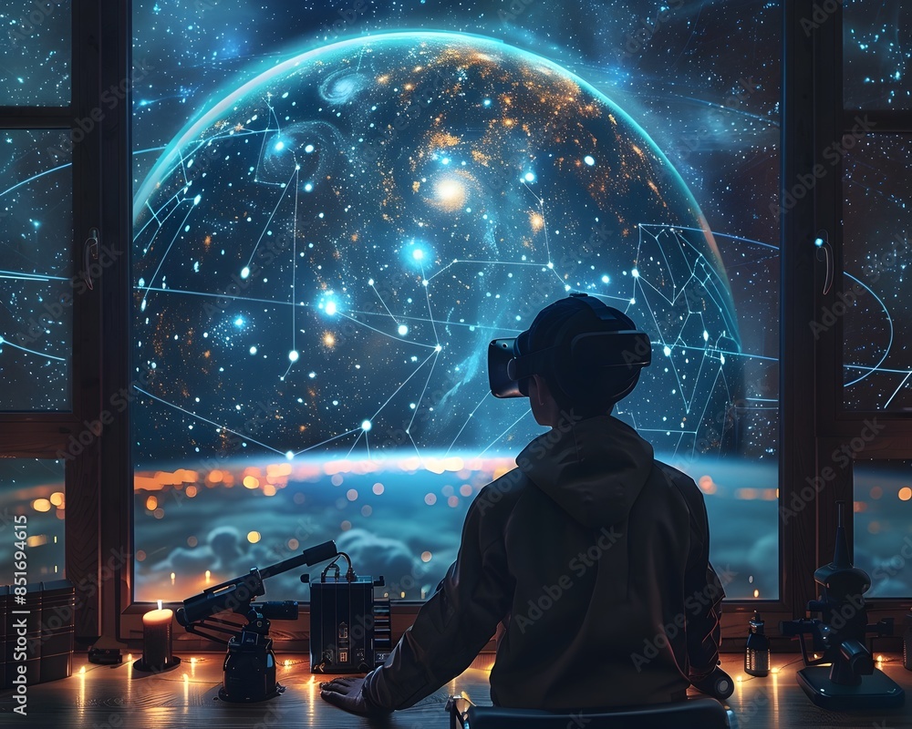 Poster futuristic space observatory with vr headset user exploring interactive star maps and advanced teles