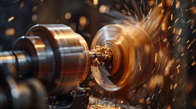 Close-up of a lathe machine in action, with sparks flying as metal is being machined to precision for industrial manufacturing or engineering.