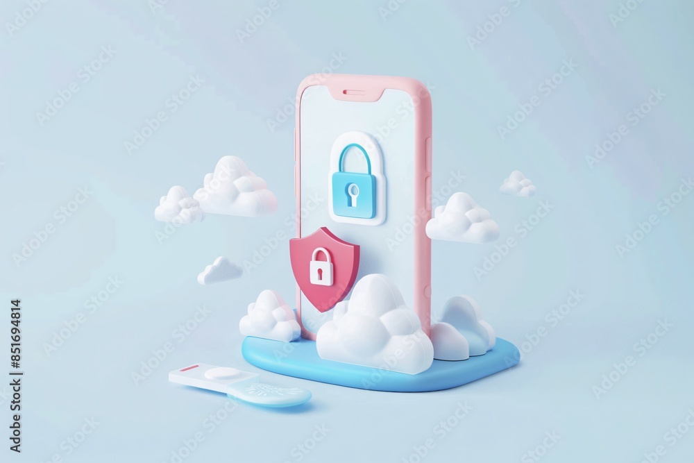 Poster 3d illustration mobile device security with cloud-based protection. innovative cybersecurity technol