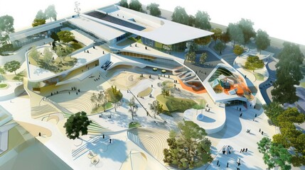Detailed architectural plans for a state-of-the-art museum with interactive exhibits and innovative design features