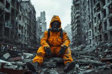 Person in Gas Mask and Yellow Hazmat Suit in Ruins.