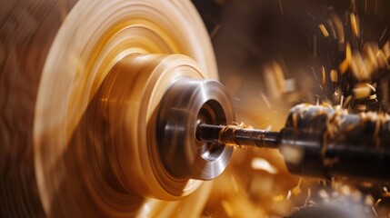 Close-up of a wood lathe machine creating detailed woodwork with precision, showcasing the art of woodworking and craftsmanship.