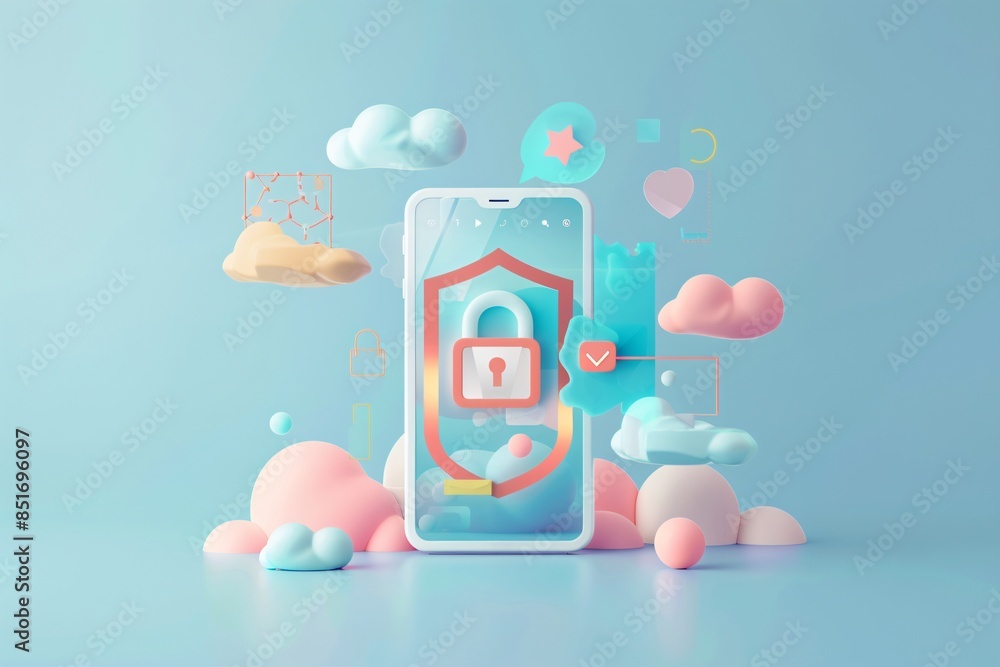 Poster 3d illustration mobile device security with cloud-based protection. innovative cybersecurity technol