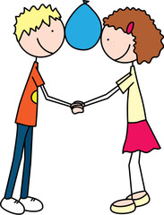 Cartoon illustration of a gril and boy walking while holding a balloon between their heads
