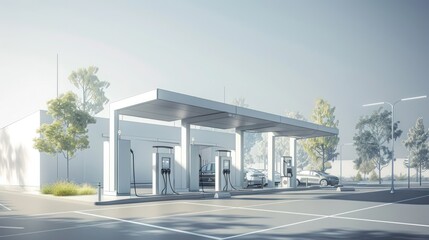 Technical drawings of a modern electric vehicle charging station with advanced infrastructure and green energy systems