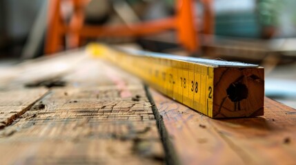 Close-up of a yellow measuring tape on a wooden plank in a workshop, showing detailed measurement markings and a blurred background.