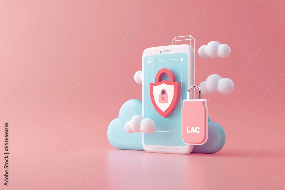 Poster 3d illustration mobile device security with cloud-based protection. innovative cybersecurity technol