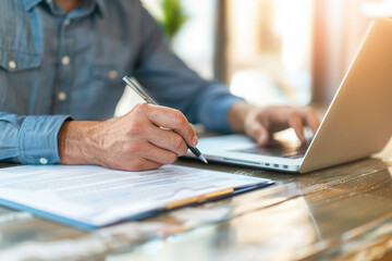 Close up of businessman working on laptop and taking notes in office