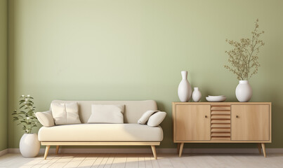 Stylish living room interior with white sofa wooden cabinet and green wall