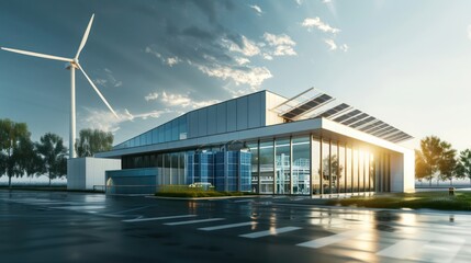 Technical drawings of a modern renewable energy plant with integrated solar and wind power systems