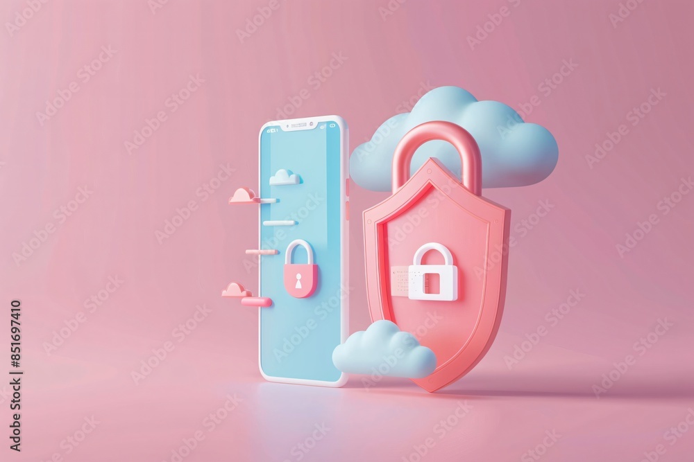 Poster 3d illustration mobile device security with cloud-based protection. innovative cybersecurity technol