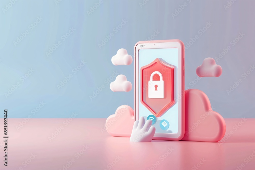 Poster 3d illustration mobile device security with cloud-based protection. innovative cybersecurity technol
