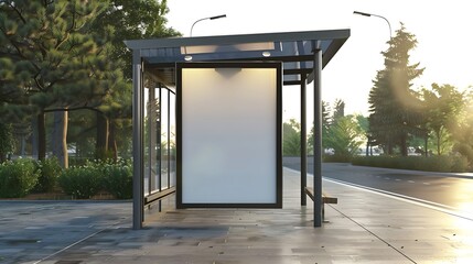 bus shelter blank ad panel billboard display empty white lightbox sign at busstop glass and aluminum structure city transit station urban street and green park setting outdoor advertis : Generative AI