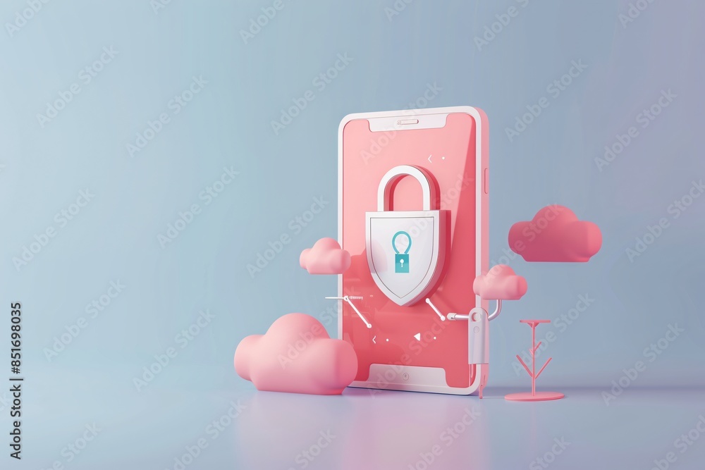 Poster 3d illustration mobile device security with cloud-based protection. innovative cybersecurity technol