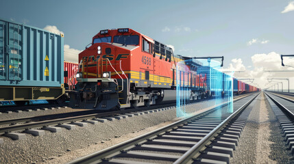 Obraz premium Trains carry cargo efficiently, making them a vital part of logistics. The future of rail freight involves advanced technology like IoT and automation to improve efficiency and sustainability.