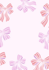 Rectangular vector template with striped bows in hand drawn style and place for text. Coquette aesthetics. A4 format. Suitable for wedding and birthday invitations, labels, posters, covers.