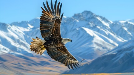 Obraz premium Majestic Eagle Soaring Gracefully Above Snowy Mountain Peaks in Clear Blue Sky