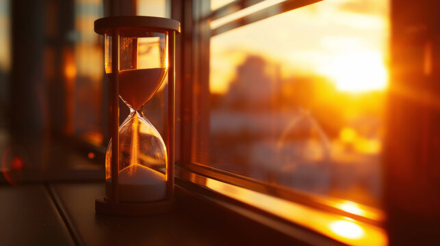 Hourglass on windowsill during sunset concept of time passing