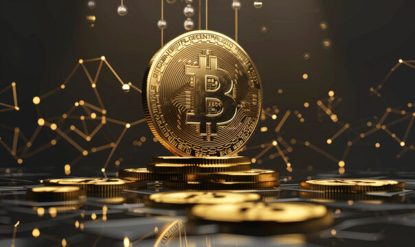 Stack of Bitcoins on digital network representing wealth and financial success