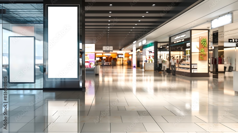 Aufkleber sign and billboard mockup at duty free shop in departure terminal to promote your business or organi