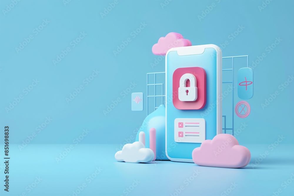 Poster 3d illustration mobile device security with cloud-based protection. innovative cybersecurity technol