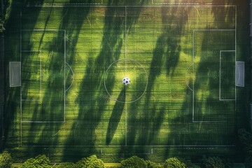 Soccer Ball Centered on Lush Green Field, Aerial View