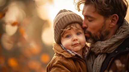 Obraz premium Father Kissing His Son In The Autumn.