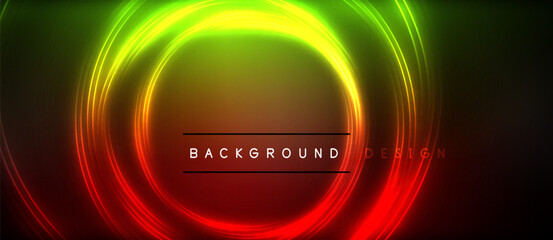Neon glowing circle rays, light round lines in the dark, planet style neon wave lines. Energetic electric concept design for wallpaper, banner, background