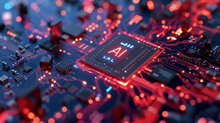 Futuristic Circuit Board with AI Integrated Microchip in Neon Red and Blue Glowing Colors
