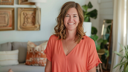 Smiling Woman with Beauty Face. Happiness. Red Hair Person in Orange Blouse. Standing Indoor in Living Room