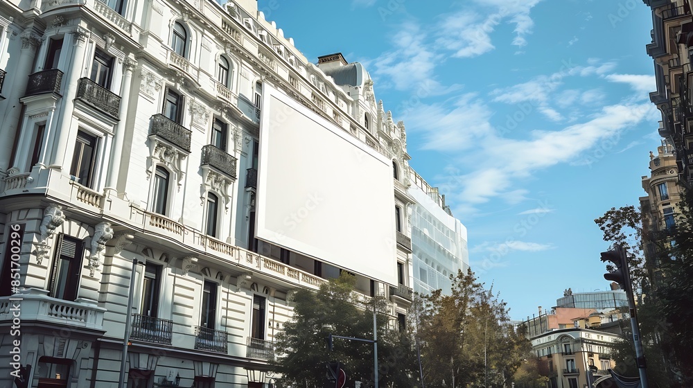 Poster An empty billboard hangs on a modern building beside a classical architecture faade in madridperfect for advertising mockups : Generative AI