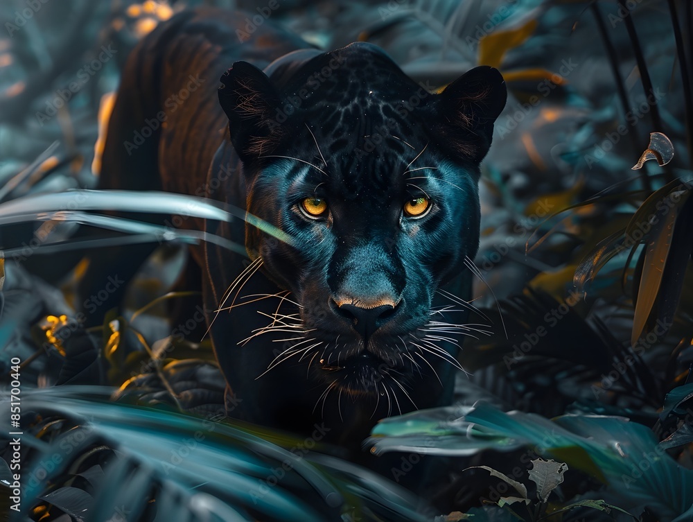 Wall mural Majestic Black Panther Prowling Through Dense Jungle Sleek and Powerful Wildlife Portrait Concept