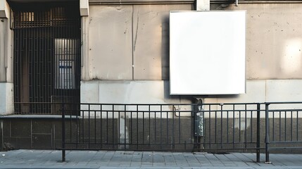 Blank white advert banner with mockup space hanging on metal fence over street sidewalk : Generative AI