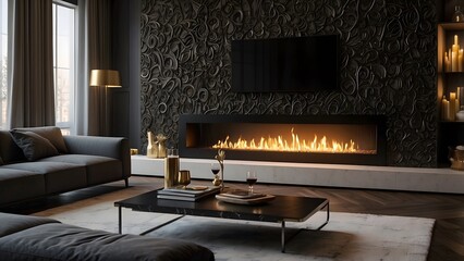 Modern minimalist living room interior design with fireplace, dark color theme fireplace home decor interior design of a living room 