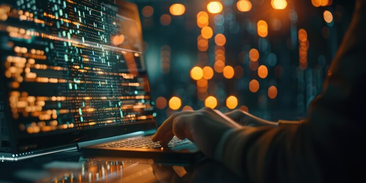 Digital technology, software development concept. Coding programmer, software engineer working on laptop with circuit board and javascript on virtual screen, internet of things IoT
