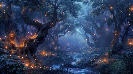 Gloomy fantasy forest scene at night with glowing lights