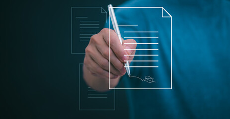 Fototapeta premium The person signing an electronic document on a smartphone, management concept, digital transformation Internet of Things, Big Data and Business Processes, Automated Operations, Data Storage