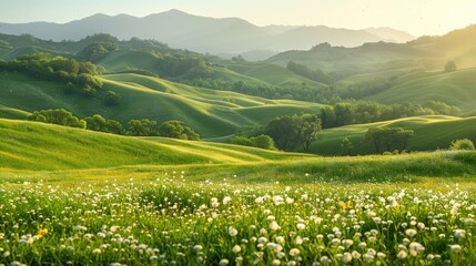 A picturesque meadow with rolling green hills in the background, illuminated by the warm light of the late afternoon sun. Pollen particles drift lazily through the air, adding to the peaceful and