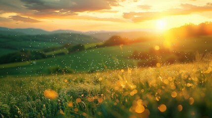 A captivating image of a lush grass field set against a backdrop of green hills. The warm light of the setting sun casts a golden hue over the scene, with pollen particles clearly visible, creating a