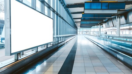 Obraz premium A huge rectangular empty billboard mockup next to travelator in a modern airport departure area a white blank poster template indoors of a terminal of public transport building near a : Generative AI