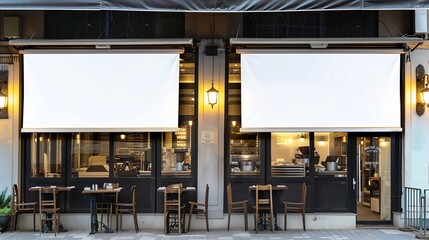 Blank white restaurant or shop sign mockup large billboard banner on a storefront template : Generative AI