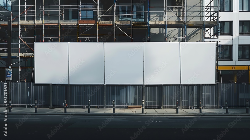 Fototapete blank long white hoarding with space for mockup information located in front of construction site wi