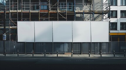Blank long white hoarding with space for mockup information located in front of construction site with closed scaffold : Generative AI